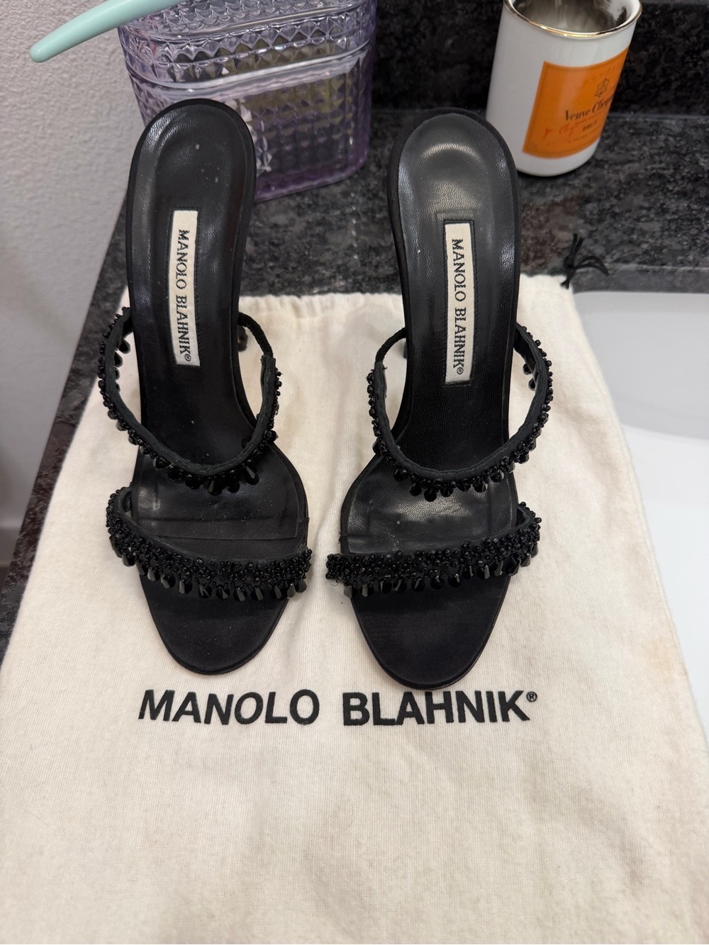 Manolo Blahnik Black Beaded Strappy Slide Heels